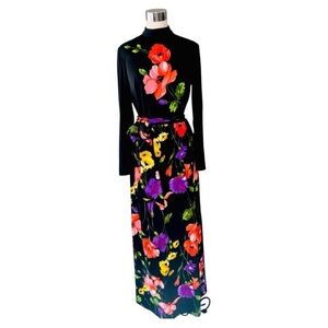 RARE Orsini 60s Vintage Bright Floral Black Maxi‎ Statement Dress